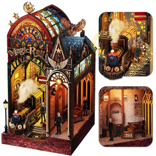 LYNNUO Magic Train Station Book Nook Kit, 3D Wooden Puzzles for Adults with LED Light and Sound, Enchanted DIY Miniature Bookshelf Decor Experienced Players, Magical Book Gifts for Adults