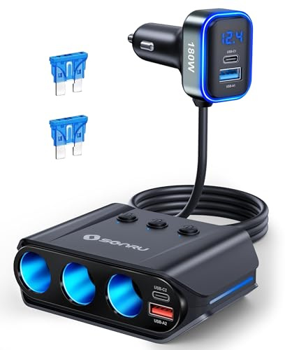 SONRU Caricatore per Auto, 7 in 1 [Doppia PD & QC 3.0] 180W Ricarica Rapida Accendisigari USB, 12V/24V Caricatore Auto USB C con Voltmetro Compatibile con iPhone 16/15/14/13 Pro Max, Samsung, Dash Cam