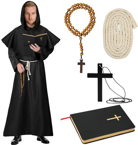 Lubolee Disfraz de Monje para Hombre con Cadena con Cruz, Rosario, Cinturón y Librito de la Biblia para Carnaval, Halloween, Cosplay y Representaciones Teatrales. (L)