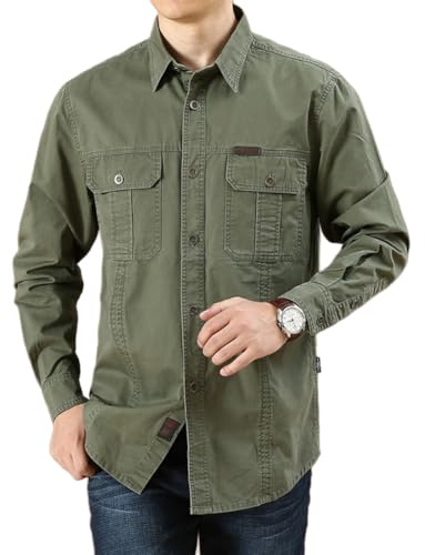 Camisas de Trabajo de Algodón para Hombre, Camisa de Militar de Manga Larga con Botones Ropa Cargo, 2 Bolsillos, Regular Fit para Pesca, Tala, Senderismo, Caza，VerdeMilitar，XXL