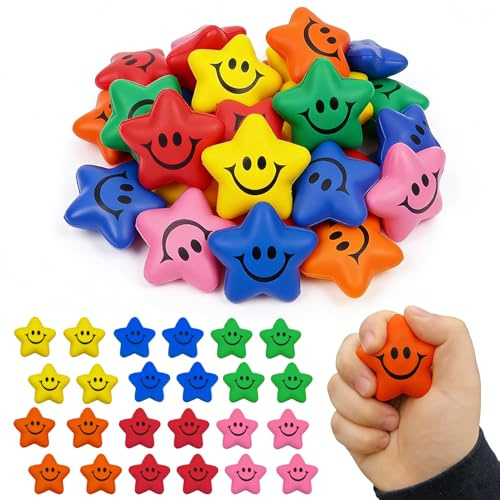 24PCS Squeeze Giocattoli,Star Stress Balls,Palle Antistress con Faccina,Pallina Giocattoli Antistress,Mini Palline antistress con Sorriso a Stella,per Festa,premi,Regali di Compleanno