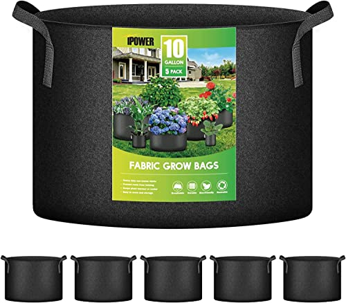 iPower 10 Gallon 5-Pack Grow Bags Fabric Aeration Pots Container with Strap Handles for Nursery and Plants (Black)