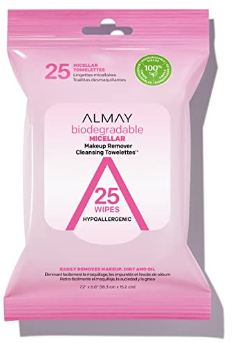 Almay Makeup Remover Cleansing Towelettes, Biodegradable Micellar Water Wipes for Sensitive Skin, Hypoallergenic, Cruelty- & Fragrance-Free, 25 Count