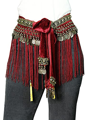 Belly Dancing Tribal Coins Hip Scarf Dark Red