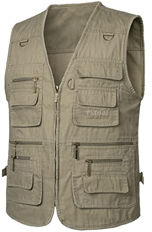 Yukirtiq Herren Angeln Weste ärmellos Freizeit Jagd Herrenwesten Sommer Trekking Wander Weste Reporterwesten Safari Weste mit Vielen Taschen, Khaki, L
