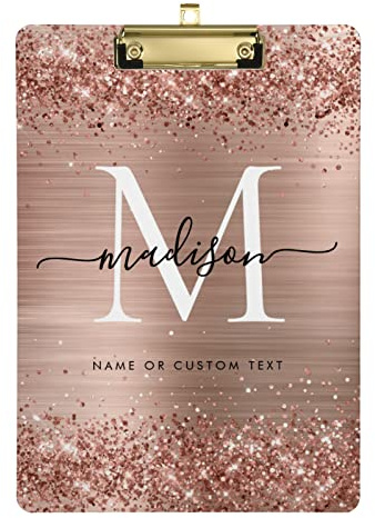 Personalisiertes rotgoldenes Glitzer-Acryl-Klemmbrett, A4, Standardgröße, Hartfaserplatte mit Text-Logo, für Studenten, Männer, Frauen, 22,9 x 31,8 cm, mit niedrigem Profil-Metallclip