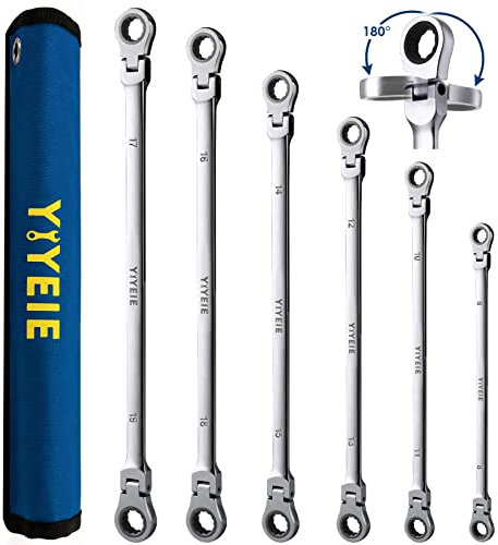 YIYEIE 6 Pcs Extra Long Flex Head Ratcheting Wrench Set, Metric Long Wrench 8mm - 19mm, 72-Tooth Double Box End Wrenches, Chrome Vanadium Steel with Mirror Polish Finish, Rolling Pouch