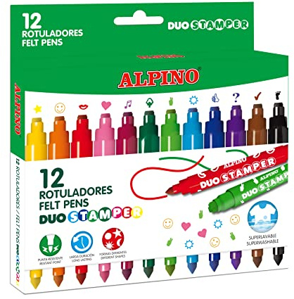 Alpino Duo Stamper 12 markörpennor tvillingspetsar: bred spets och stämpel spetsmarkörer för barn tvättbara bläckpennor, skol- och hantverksmaterial (AR001059)