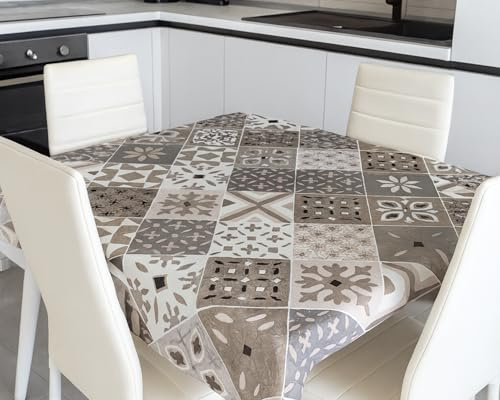 Tata Home Tovaglia Plastificata Antimacchia con Mollettone Antiscivolo Lavabile Impermeabile Fantasia Mattonella Rettangolare 140x160 cm Dis.6 Maioliche Colore Beige