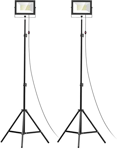 LIVOWALNY 2PCS LED Work Lights with Stand, 110W 11000 Lumens Portable Tripod Light with 13FT Cord, IP65 Waterproof Adjustable Head Tower Flood Light for Job Site Workshop Garage Construction Lighting