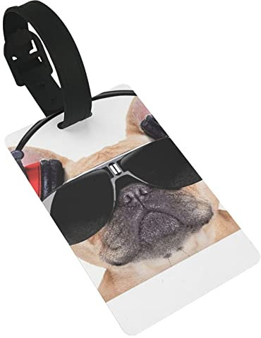 Dj Bulldog Dog avec écouteurs écoutant de la musique derrière une bannière blanche 2 étiquettes de bagage, boucle d'étiquette d'identification de couverture de confidentialité et carte d'adresse pou