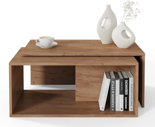 PLATAN ROOM Couchtisch Kaffeetisch 2er Set 90x48x40 cm, moderner Wohnzimmertisch, Sofatisch mit Stauraum, Satztisch (Eiche)