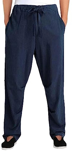 Rubruan Kung Fu Training Leinenhose – Traditionelle Chinesische Kampfkunst Taichi Wushu Haremshose Herren Damen Lange Freizeithose Frühling Sommer Hose Trainingshose Retro Stil (Blau, M)