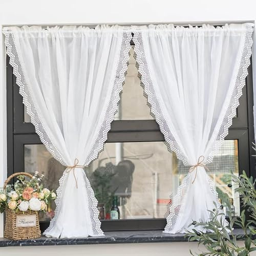 Yaland Tenda in lino con delicata bordatura a onde in pizzo, per cucina, soggiorno, balcone, stile rustico, con asta, 1 pezzo, bianco, 80 x 160 cm (larghezza x altezza)
