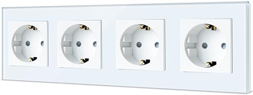TAWOIA Schuko Steckdose, EU-Standard 4 Fach Glas Unterputz Steckdose 16Amp 250 V, Wandsteckdose mit Kristallglasplatte Weiß 86×299mm