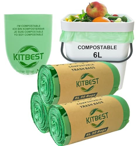 KITBEST Sacchetti per rifiuti alimentari compostabili 6L 150 sacchetti biodegradabili con certificazione EN13432, sacchetti per rifiuti da cucina per compostaggio domestico
