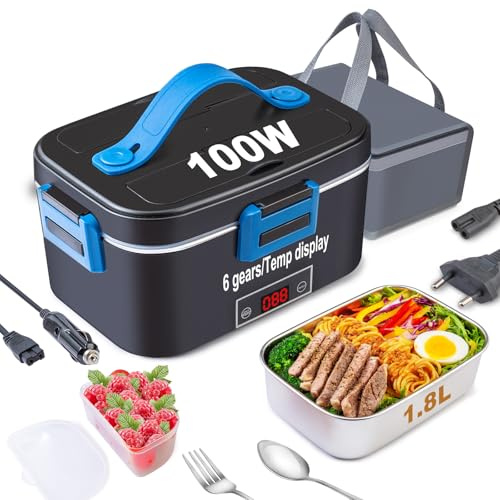 Kimfead Elektrische Lunchbox mit Anzeige Temperatur Lunch Box Elektrisch 80W Electric Lunch Box 1.8L 12V/24V/230V mit Grau Tasche/Besteck, für Auto/Lkw/Büro(Temp-Anzeige Blau)