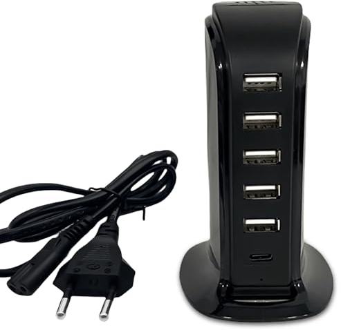 Cargador USB múltiple, estación de carga múltiple de 6 puertos, fuente de alimentación, cargador de escritorio con cable de alimentación, carga rápida compatible con auriculares, teléfono móvil