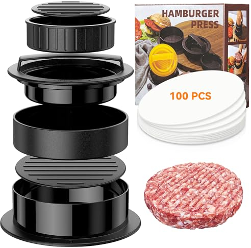 HOOMIL Burgerpresse, 3-in-1 Hamburgerpresse Set, [Spülmaschinenfest] Profi Burger Patty Presse mit 100 Blatt Antihaft Burgerpapier für leckere Hamburger, Patties - Schwarz