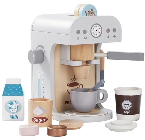 Machine à Café en Bois pour Enfant – Jouet Montessori 3 Ans+ avec 2 Tasses, 5 Dosettes et Accessoires – Dinette Éducative FSC – Idéal Cadeau Noël ou Anniversaire Fille & Garçon
