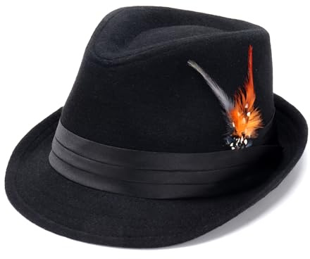 Geebuzz Sombreros Fedora para hombre y mujer, sombrero estilo fedora clásico de ala corta con banda de plumas, Pluma naranja y negro, Taille unique