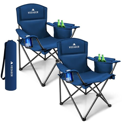 Voyager Folding Camping Chairs 2 Pack with Cooler Bag, Lightweight Q195 Steel Frame, 600D Oxford Fabric, Portable & Comfortable - Navy