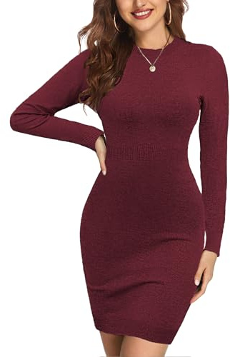 Zeagoo Vestidos de Punto para Mujer Cuello Redondo Vestido de Jersey Elegante Manga Larga Vestido de Lápiz con Punto Casual Vestidos Burdeos S