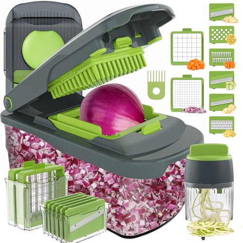 Ourokhome Veggie Chopper and Dicer with Container, Manual Hand Food Mandolin Slicer with 4 in 1 Handheld Vegetable Spiralizer for Zucchini, Potato, Onion, Essential Kitchen Gadgets (12 in 1, Gray)