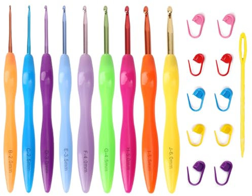 Barlone Häkelnadel Set 20 Stück, 9 Stück Häkelnadel Bunt Wellig Weicher Silikongriff 2 mm - 6 mm, Häkelnadeln Ergonomisch Set mit Häkel Zubehör Maschenmarkierer für Anfänger Stricknadeln Crochet Set