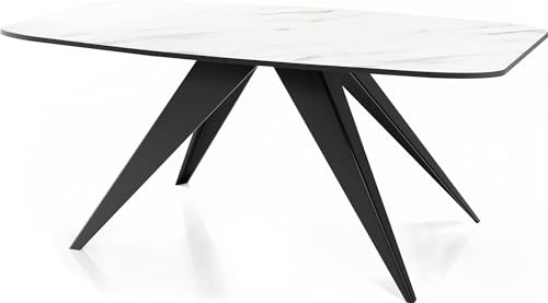 WFL GROUP Ausziehbarer Esstisch im Loft-Stil - Industrieller Tisch in Weißer Marmoroptik mit Schwarzen Metallbeinen - Modernes Design für Wohnzimmer - 180 cm Ausziehbar auf 220 cm - Marmor Weiß