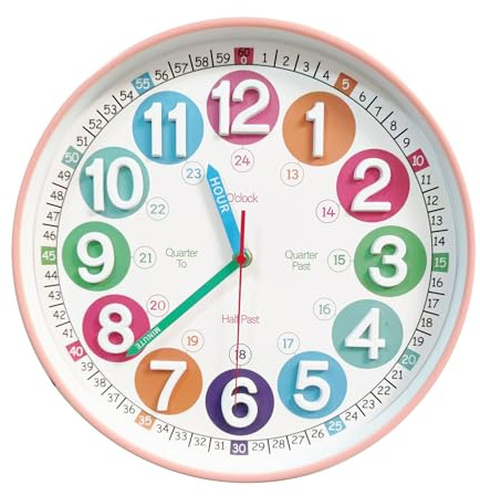 SYOYUEX Learning Time Clock for Kids, 12 Inch 3D Peach Pink Classic Silent Wall Clock, Bedroom, Kitchen, Classroom, Decor at School, Clear Digital Clock for Kids Room