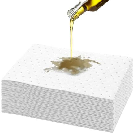 50 Piezas Almohadillas Absorbentes de Aceite, 25 x 33 cm Tapete Absorbente de Aceite Pesado, No absorbe agua, Resistente Al Desgarro, Almohadillas para Derrames para Garaje, Blanca