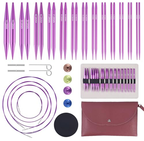Gosknor 40pcs Kit Aiguilles à Tricoter Circulaires Interchangeables, 13 Paires d'Aiguilles à Tricoter en Alliage d'Aluminium avec Câbles Sac de Rangement et Autres Accessoires pour Passionnés