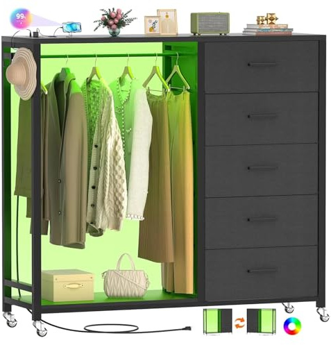 iSunirm Kommode mit Kleiderstange, 5-Schubladen Kommode mit Ladestation & LED Beleuchtung, Schlafzimmer Schubladenschrank mit Rollen & Holzplatte, abschließbare Räder, Schwarz