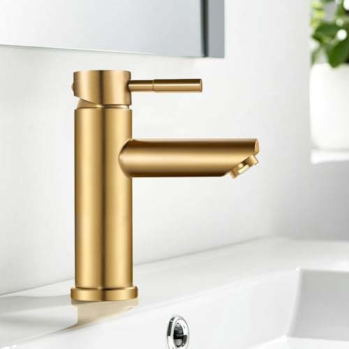 kisimixer Bathroom Sink Taps, Single Lever Hot and Cold Basin Mixer Tap 1 Hole with UK Standard Hoses, 304 Stainless Steel, Brushed Gold Brass