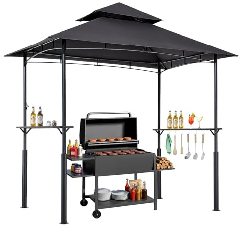 VEVOR Gazebo de Barbecue, 243 x 150 cm, Tonnelle de BBQ Extérieur Renforcée avec Toit à 2 Niveaux, Abri de Barbecue de Patio en Acier Thermolaqué, pour Grillades, Fêtes, Pique-niques, Jardin, Patio