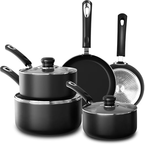 KICHLY Set of 8 Non-Stick Pots and Pans Cookware Suitable for Induction Hob with 20cm, 28cm Frying Pans and 16cm, 18cm, 20cm Saucepans Set with Lids (Black)