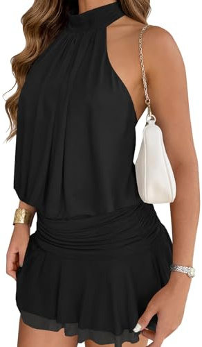 Wenrine Womens Mesh Halter Mini Dresses Summer Sleeveless Tie Open Back Ruched Waist Tiered Ruffle Going Out Club Dress Black
