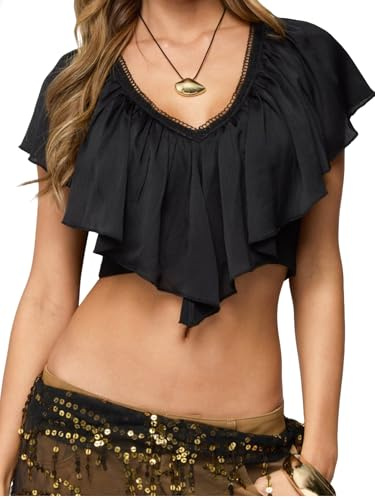 Felcia Women Y2K Ruffled V Neck Crop Top Short Sleeve Casual Shirt Summer Going Out Top Vintage Boho Blouse
