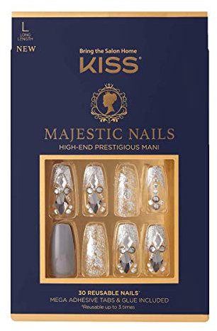 KISS Majestic High-End Manicure Kit, Sparkle, Long Length Coffin Premium Fake Nails, Includes Nail Glue, Adhesive Tabs, File, Prep Pad, and 30 False Nails