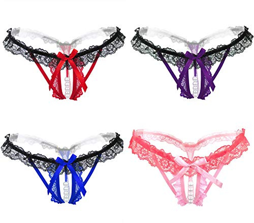 KHUFUZI Women's 4-in-1 Sexy Via Lingerie Lace Knitted Panties Cute Thong Bikini Costume Dress Panties Gift for Girlfriend Woman, Set of 4 colours, 36-42