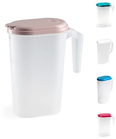 Plastic 1.6L Slimline Fridge Jug with Lid Water Milk Juices Kitchen Home Door Picnic Jugs Pitcher of Water Clip & Lock Seal Dishwasher Freezer & Microwave Safe (Frost with Pink Lid)