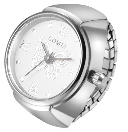 Lancardo Ring Watch for Women Elastic Band Butterfly Arabic Numerals Dial Quartz Movement Bling Silver Tone Finger Watch