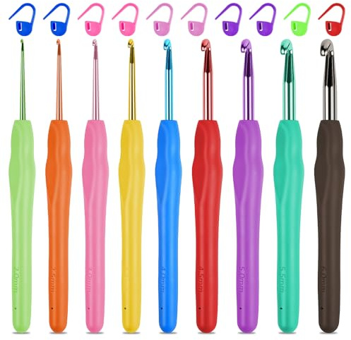 HOTUT Crochet Hooks, 9 Pcs Multicolor Aluminum Knitting Needles, Ergonomic Soft Handles Crochet Hooks for Arthritic Hands, Aluminum Crochet Needles with Stitch Markers for Beginners or Professionals