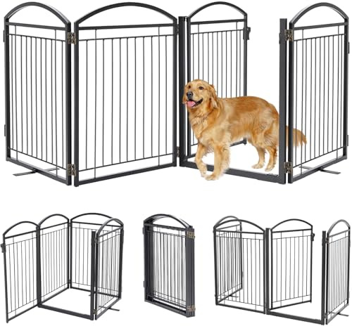 Paulmele Full Metal Free Standing Dog Gate with Door for Indoor & Outdoor,96'' Extra Wide 32'' Tall Dog Gate for The Doorways,Large Openings,Decks,Porch,Pet Freestanding Safety Fence(4 Panels,Black)
