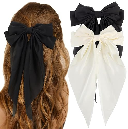 SHEEN 2 PCS Big Bow Hair Clips with Long Silky Satin, Solid Color French Barrette Simple Hair Fastener Accessories for Women Girls (BLACK & WHITE)