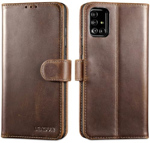LENSUN Genuine Leather Case for Samsung Galaxy A51 4G, Genuine Leather Case [Stand Function] [RFID Protection] Mobile Phone Case for Samsung Galaxy A51 - Vintage Dark Brown
