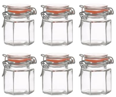 WDMT Set di 6 vasetti esagonali in vetro, 100 ml, ermetici con chiusura a leva, riutilizzabili per erbe, miele e barattoli per conserve, Ø 5 x 7,5 cm, trasparente
