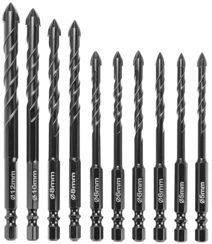 QWORK® 10PCS Masonry Drill Bit 5 5 6 6 6 6 8 8 10 12mm, Industrial Strength YG6X Tungsten Carbide Tips - for Porcelain, Glass, Brick, Cement, Wood