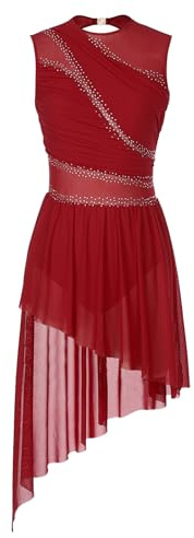 Miutii Konståkningsklänning för kvinnor, ärmlös, glitter, balettklänning med asymmetrisk kjol, lyrisk, dansklänning, modern, samtida danskläder, Vinröd, XS